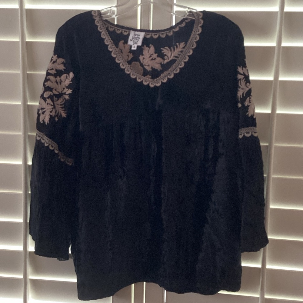 Ivy Jane Black Velvet Top with Cream Embroidery